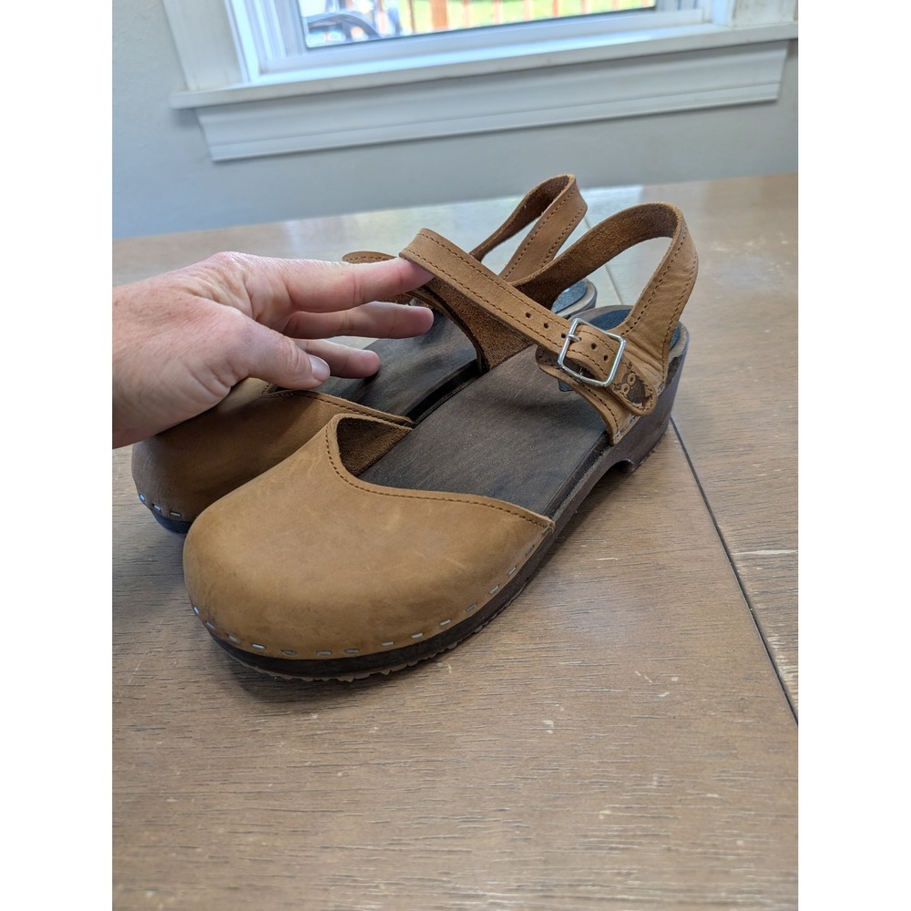 Sandgrens Saragasso Classic Clogs Women's 39 Tan Leather Wooden MaryJane Swedish - Picture 4 of 11